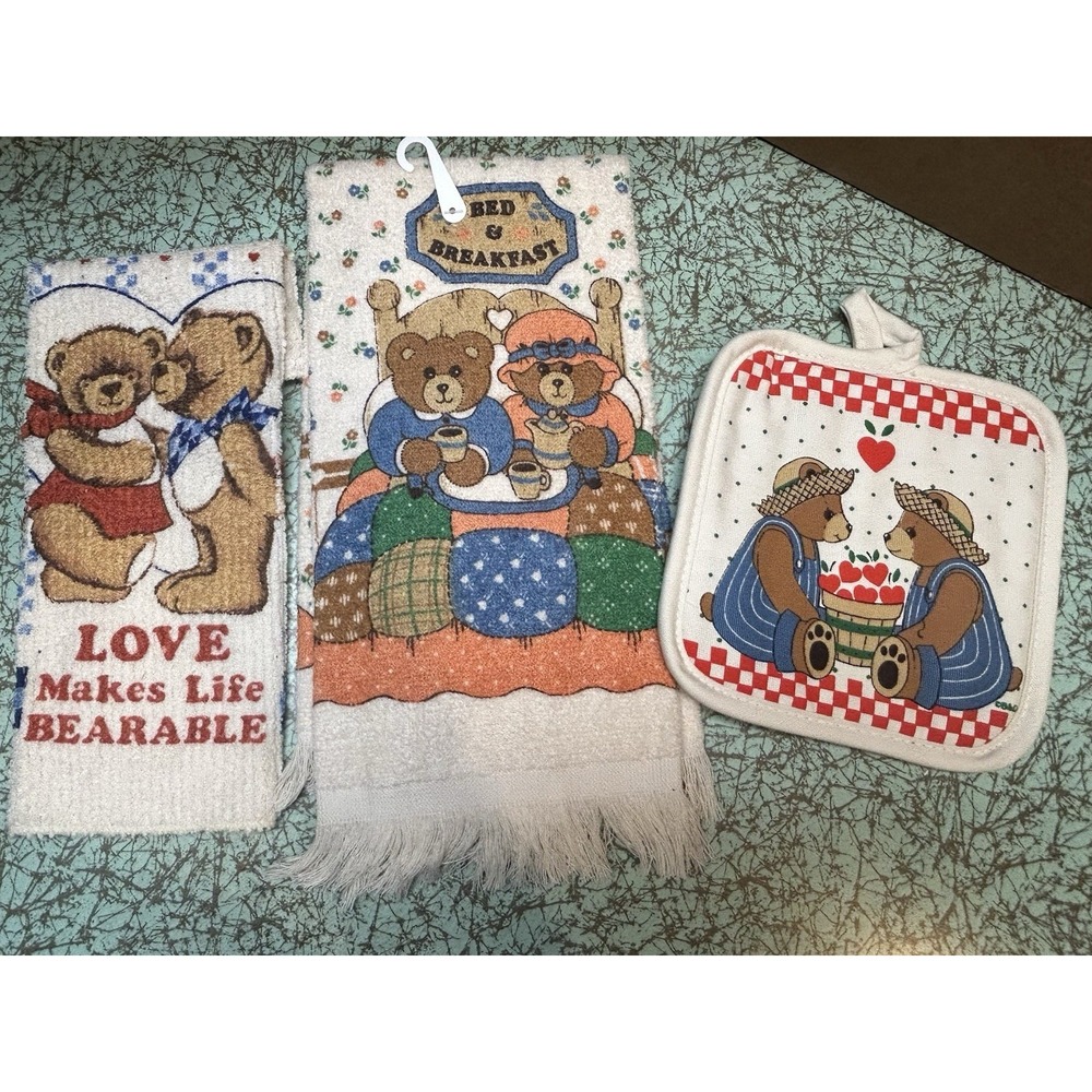 VTG 80s 90s Teddy Bears Kitchen Towel Dishcloth Potholder Set Deadstock New